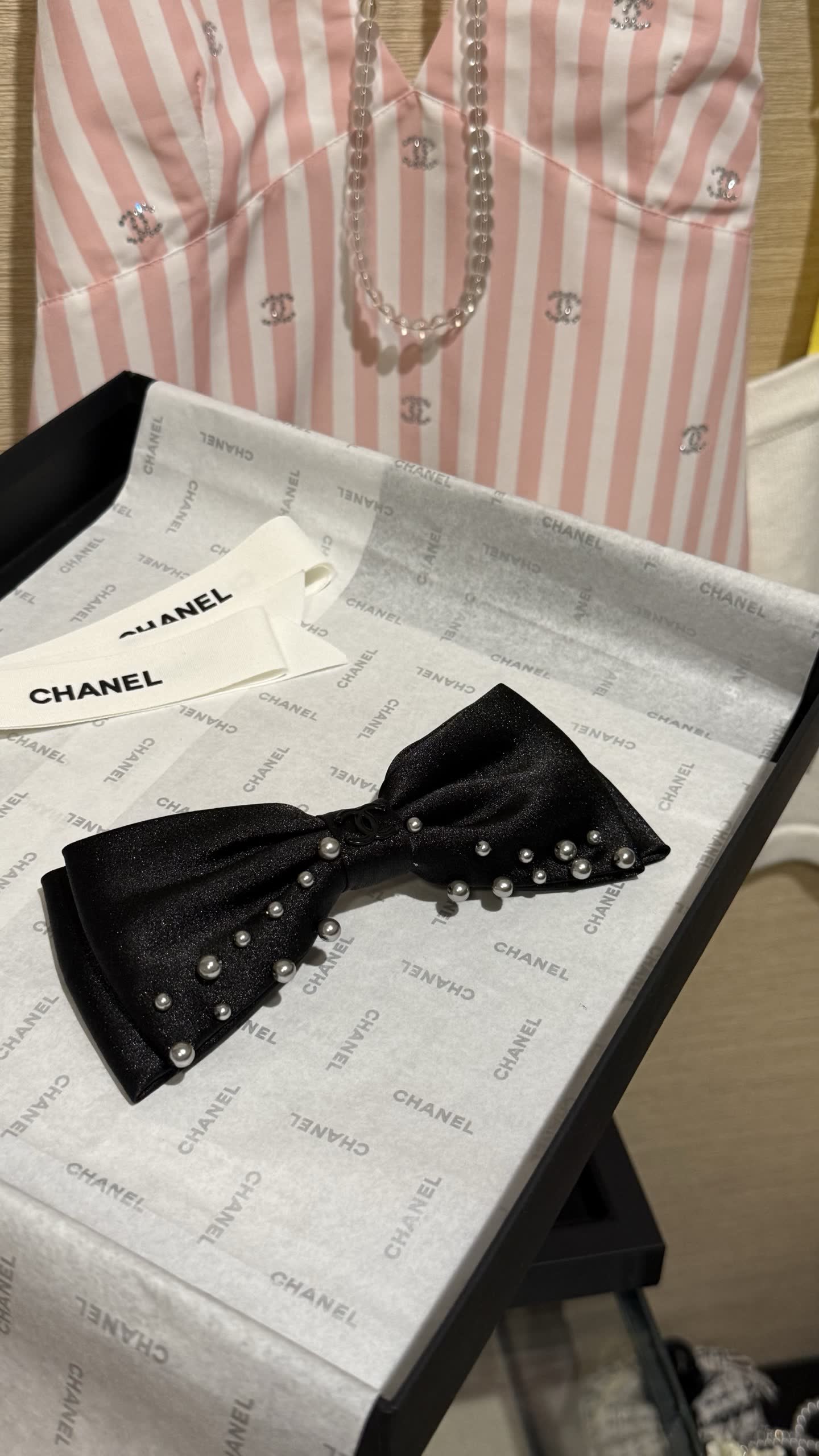 Chanel Black Satin Bow Hair Clip with Pearls